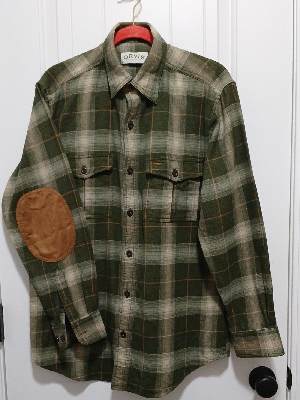 Orvis Olive and Cream Plaid Flannel Shirt with Brown Elbow Patches
